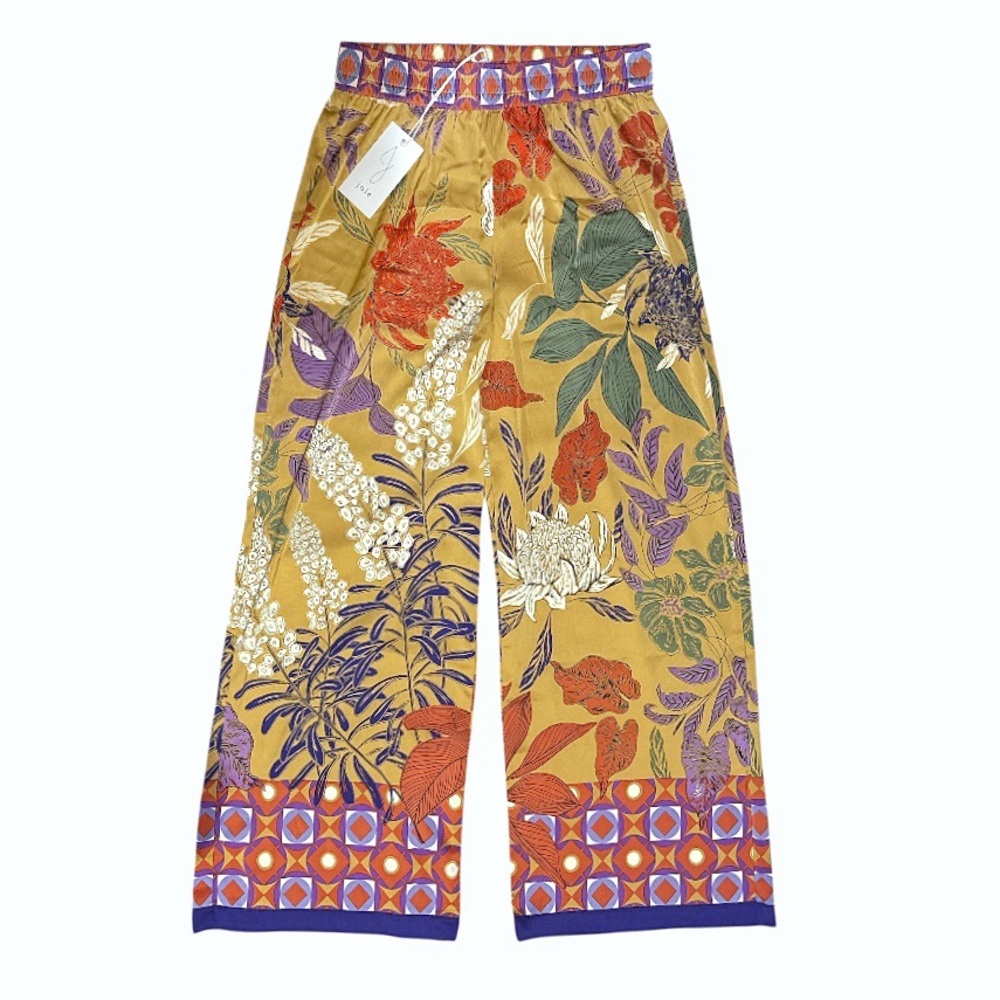 NWT Joie Silky Wide Leg Palazzo Pull-On Pants. Gold with Tropical Floral Print